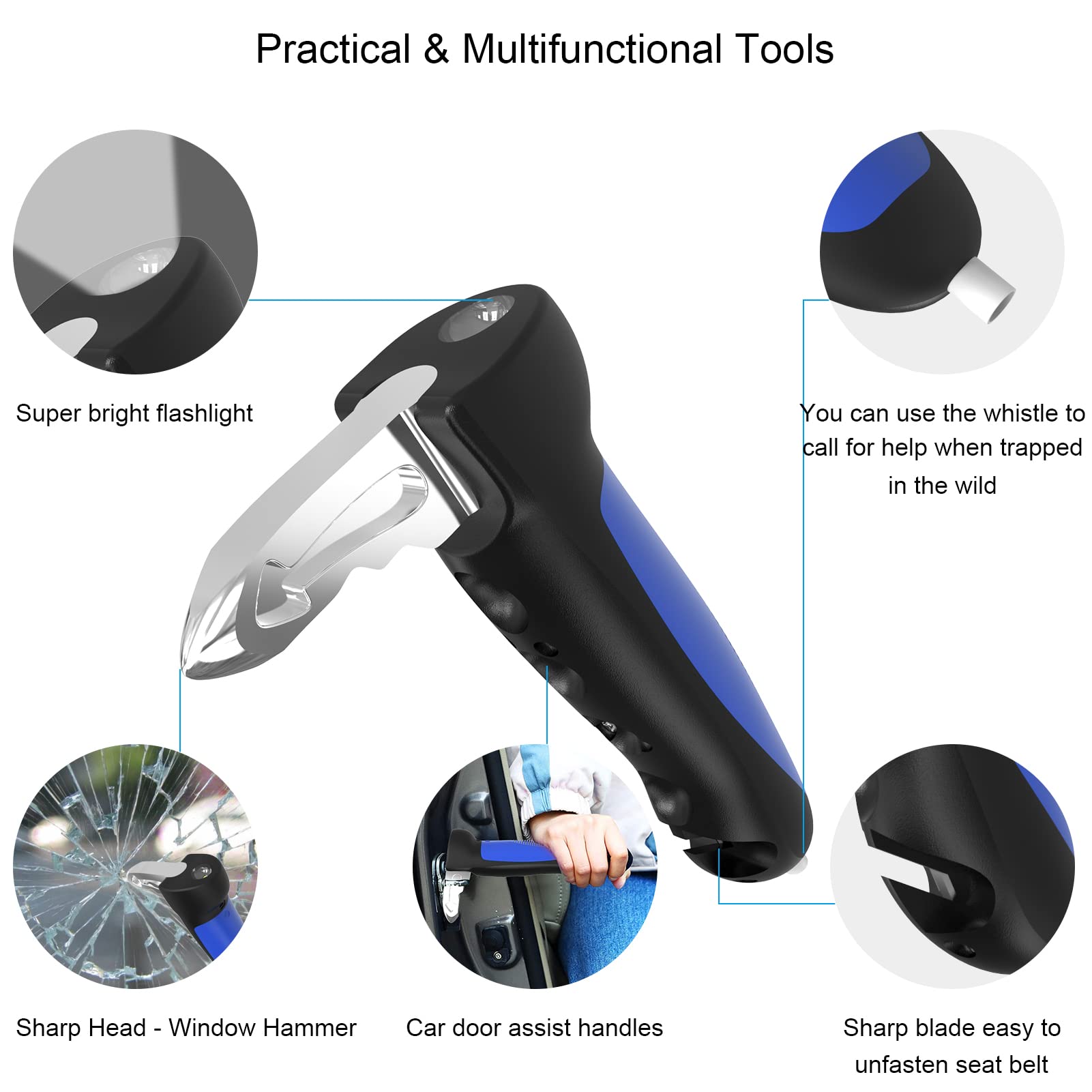 Byojia 5 In 1 Vehicle Support Handles, Elderly Portable Automotive Door Assist Handles Multifunction Car Handle With Led Flashlight Seatbelt Cutter And Window Breaker For Elderly And Handicapped Blue